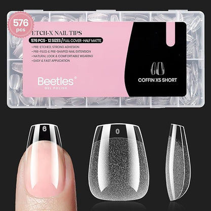 Beetles Gel Nail Tips Extra Short Coffin 576Pcs 12 Sizes - Pre-Etched Shaped Half Matte Soft Nail Tips Press On Nails Full Cover False Nails Acrylic Fake Nail Extension Kit Gift for Women
