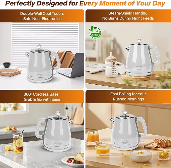 Retro Electric Kettle 1.8L, All Stainless Steel Hot Water Electric Kettle for Boiling Water, BPA Free Tea Kettle, 1350W Fast Boil, Auto Shut Off & Boil-Dry Protection