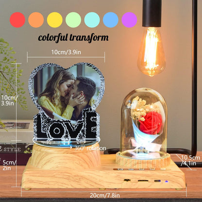3D Crystal Photo, Heart-Shaped Love Photo Custom Night Light Personalized 3D Crystal Lamp with Bluetooth Rose Audio, Crystal Photo Frame Best Gift for Couple Love Women Men Wedding Christmas