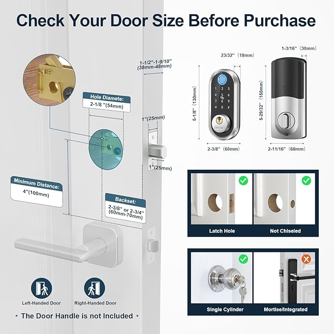 Smart Keyless Entry Door Lock - SMONET Fingerprint Electronic Deadbolt Touchscreen Keypad Biometric Digital Bluetooth Door Lock Smart Deadbolt Compatible with Alexa for Homes and Hotel Silver