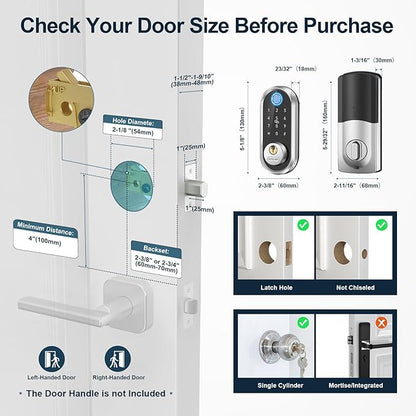 Smart Keyless Entry Door Lock - SMONET Fingerprint Electronic Deadbolt Touchscreen Keypad Biometric Digital Bluetooth Door Lock Smart Deadbolt Compatible with Alexa for Homes and Hotel Silver