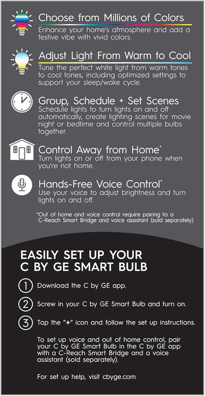 GE CYNC Smart LED Light Bulb, Full Color, Bluetooth Enabled, Alexa and Google Home Compatible,White, (1 Pack), Packaging May Vary