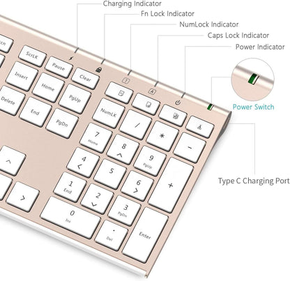 Wireless Keyboard and Mouse, Vssoplor Rechargeable Quiet Full-Size Keyboard and Mouse Combo Set Ultra Slim Design for Laptop, PC, Notebook, Desktop-White and Gold