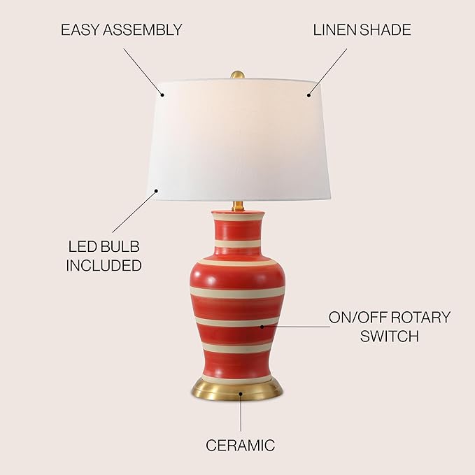 JONATHAN Y 29" Red/Beige Traditional Ceramic Urn LED Table Lamp for Bedroom Decor, White Linen Drum Shade, Classic Nightstand Lamp for Living Room, LED Bulb Included (JYL4026K)