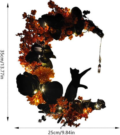 Halloween Wreaths for Front Door with Light, Black Cat Crescent Moon Wreath, Cute Cat Garland Halloween Door Decorations for Outdoor Indoor Decor Wall Window Home Party