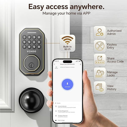Keyless Entry Door Lock Set WiFi Smart App Control Door Lock for Front Door Keypad Deadbolt with 2 Knobs Auto Lock One Time Codes Easy Install, Bronze