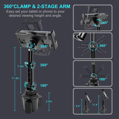 Cup Holder Car Tablet Mount, 360° Adjustable 2-Arm Stand Holder for iPad Pro 12.9/11/10.5/9.7/Air/Mini 6/5/4, Samsung Galaxy Tab/Z Fold 6/5, Amazon Fire HD, iPhone 16/15/14/Pro, 4.7-12.9" Tab & Phone