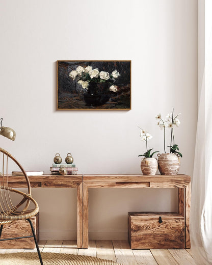 VIYYIEA Framed Canvas Wall Art Home Decor Vintage Botanical Print White Roses in Vase Rustic Farmhouse Flower Wall Decor Mid Century Pictures Decor Art Prints Floral Room Decor for Living Room 16x24in