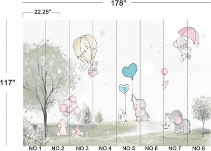 Cartoon Elephant Rabbit Balloon Nursery Wall Mural Wallpaper 178" x 117"