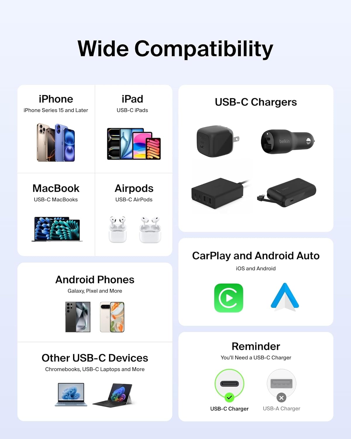 Belkin USB C to USB C Cable, 6.6ft, 60W - Type C Charger, iPhone Charger Cord, Soft, Braided, Flexible for iPhone 16, Galaxy S25, Pixel 9, Airpods, iPad Pro, Tablet & More, Travel Essentials - Blue