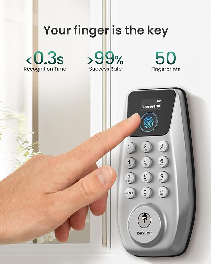 DESLOC C110 Smart Lock with LockVue Display, 3-in-1 Keyless Entry Door Lock with Fingerprint, Passcode & Key, BHMA Certified Deadbolt, Auto Lock, 12-Month Battery for Home, Apartment & Airbnb, Silver