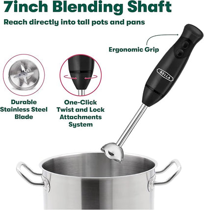 BELLA Immersion Hand Blender, Portable Mixer with Whisk Attachment - Electric Handheld Juicer, Shakes, Baby Food and Smoothie Maker, Stainless Steel, Black