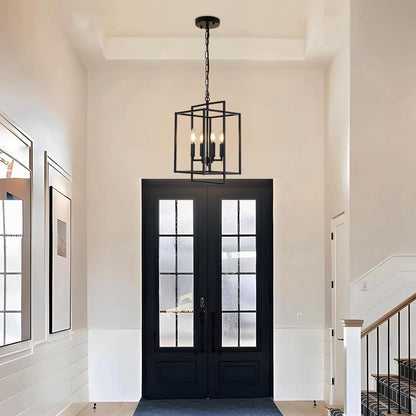 4-Light Vintage Black Chandelier, Foyer Lighting Fixtures Farmhouse Chandeliers for Dining Room, Modern Industrial Lantern Pendant Light for Kitchen Island Entryway Stairway