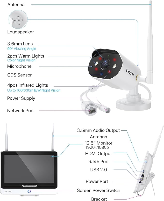 ZOSI 8CH 2K Wi-Fi 6 Security Camera System with 12'' LCD Monitor,4pcs 3MP Plug-in WiFi Cameras Indoor Outdoor,AI Person Detection,Color Night Vision,2 Way Audio,1TB HDD for Home 24/7 Recording