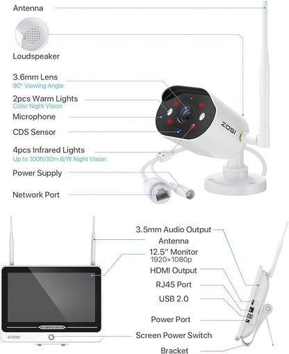 ZOSI 8CH 2K Wi-Fi 6 Security Camera System with 12'' LCD Monitor,4pcs 3MP Plug-in WiFi Cameras Indoor Outdoor,AI Person Detection,Color Night Vision,2 Way Audio,1TB HDD for Home 24/7 Recording