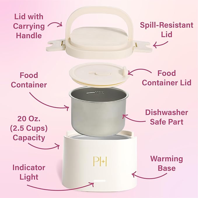 Paris Hilton Electric Lunch Warmer, 20-Ounce Stainless Steel Portable Food Container With Sealing Lid, Removable 2.5-Cup Inner Dish, Cream