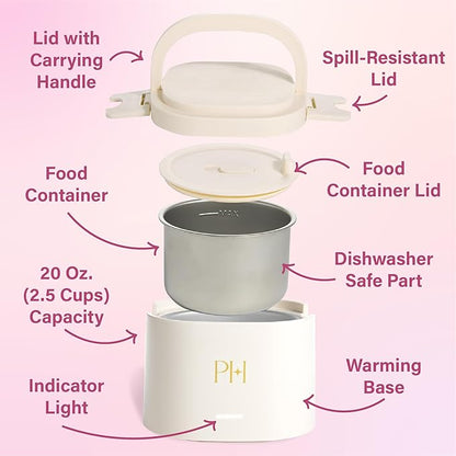 Paris Hilton Electric Lunch Warmer, 20-Ounce Stainless Steel Portable Food Container With Sealing Lid, Removable 2.5-Cup Inner Dish, Cream