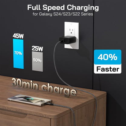 45W Super Fast Charger USB C, 45 Watt Type-C Android Phone Charger Fast Charging Block with 3.3FT Type C Cords for Samsung Galaxy S25 Ultra/S24 Ultra/S24+/S23 Ultra/S23+/S22 Plus/S20, Tab S9/S8 Ultra