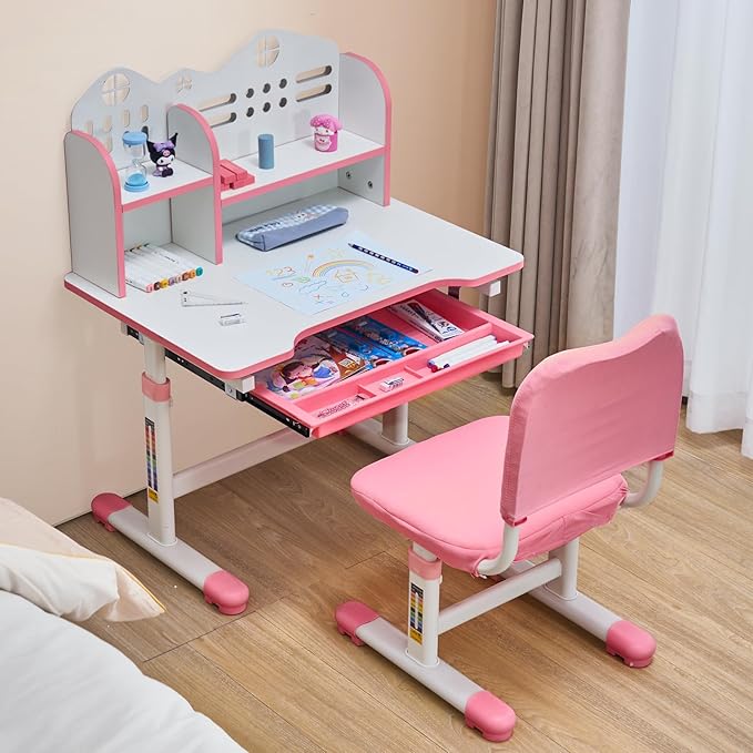 VEVOR Kids Study Chair and Desk Set, Study Desk and Chair for Kids with Bookshelf and Storage Drawer, Adjustable Height Kids Study Desk with Chair, Children Study Table for Bedroom & Study Room, Pink