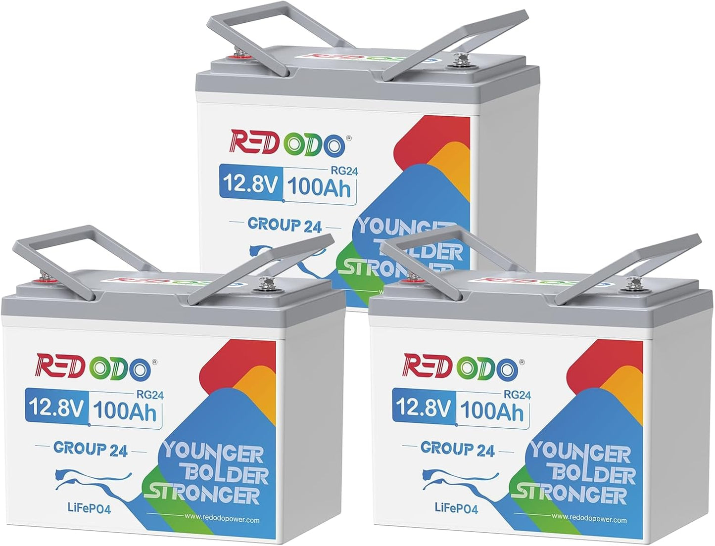 Redodo 3 Pack 12V 100Ah Group 24 Lithium Battery, 1280Wh Deep Cycle with 100A BMS, 4000+ Cycles Lithium Rechargable Battery for All RVs, Van, Camper, Solar Power Storage, Off-Grid
