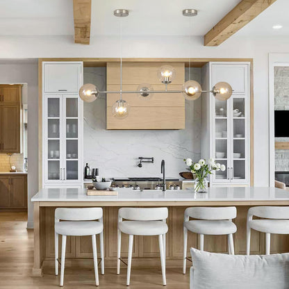 KCO Lighting Mid Century Modern Rectangle Light Fixture 6-Light Glass Globe Linear Chandelier Brushed Nickel Pendant Light Fixture Adjustable Kitchen Island Lighting (Silver+Amber)