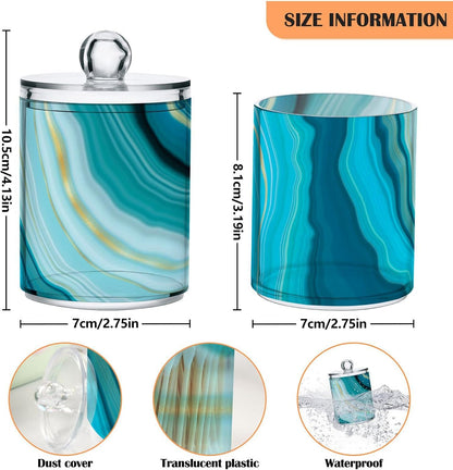 2 Pack Qtip Holder Dispenser Teal Turquoise Blue Marble Bathroom Storage Canister Lid Acrylic Plastic Apothecary Jar Set Vanity Makeup Organizer for Cotton Swab/Ball/Round Pads, Floss