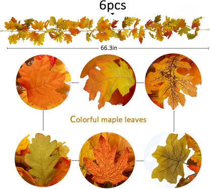 PARTY JOY 6PCS Orange Leaf Garland, 5.6Ft Halloween Garland Artificial Maple Leaf Autumn Hanging Fall Vines Thanksgiving Decorations Fall Decor