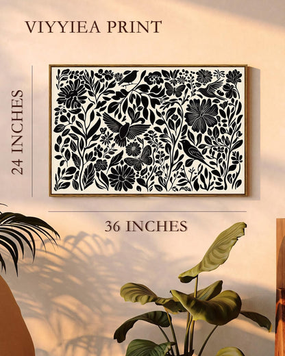 VIYYIEA Framed Canvas Wall Art, Black and White Large Wall Art for Living Room, Print Paintings, Boho Home Office Decor, Bedroom Wall Decor -【Flowers & Birds】-(24"x36")