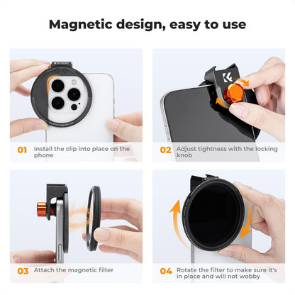 K&F Concept Clip On 67mm Variable ND2-32 Magnetic Phone Lens Filter Kit, Phone Clip with Magnetic Adapter Ring/Cold Shoe/Locking Knob, Neutral Density Filter for iPhone 16 15 Pro Max 14 13