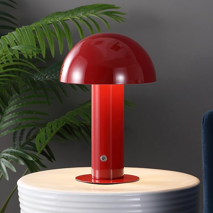 JONATHAN Y 10.75" Red Rechargeable LED Mushroom Table Lamp, Cordless Portable Bedside Lamp for Living Room Bedroom, 3-Way Dimmable Modern Iron Desk Light, Metal Shade (JYL7115G)