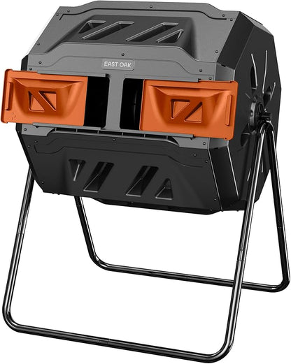 East Oak Compost Tumbler Outdoor, 43-Gallon Tumbling Compost Bin with 2 Sliding Orange Doors & Aeration System, Tumbling Rotating Composter Bin for Kitchen, Garden, Yard,