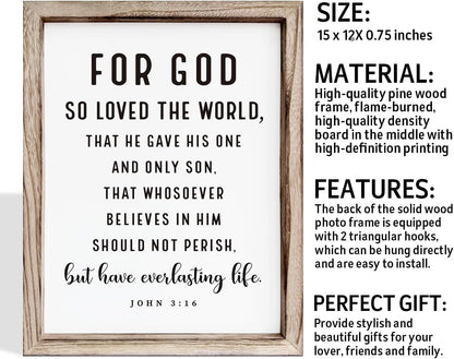 Christian Wooden Sign, Living Room Decors, Bible Verse Decor, Rustic Home Decor, Religious Artwork for Wall, Framed Wall Plaque Sign 15 * 11.5 inches, For God So Loved the World