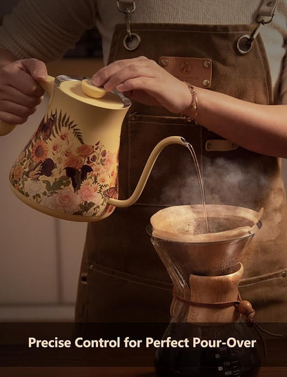 0.8L/27oz Gooseneck Electric Kettle - ±1℉ Precise Temperature Control for Pour Over Coffee & Tea, 1200W Fast Heating, Auto Shut-Off, Built-in Brew Timer, BPA-Free Stainless Steel, Floral