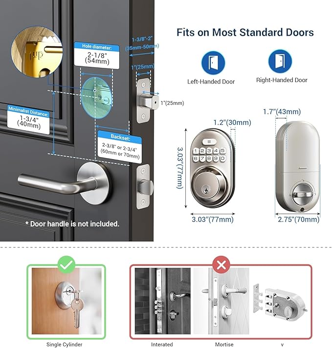 Veise Keyless Entry Door Lock, Electronic Keypad Deadbolt, Keyed Entry, Auto Lock, Anti-Peeking Password, Back Lit & Easy Installation Design, Satin Nickel