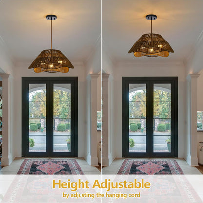 Rattan Pendant Light Fixture Ceiling, 19.68”Hand Woven Wicker Chandelier, Rustic 3-Light Large Hanging Lamp, Adjustable Boho Flush Mount Hanging Light for Dining Room Kitchen Living Room