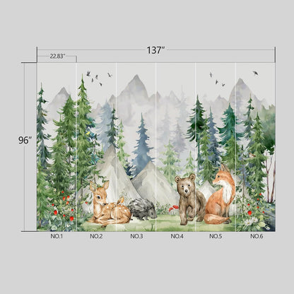 Kids Animals Forest Wallpaper Peel and Stick Nursery Wall Mural for Bedroom Living Room - 96"x137"
