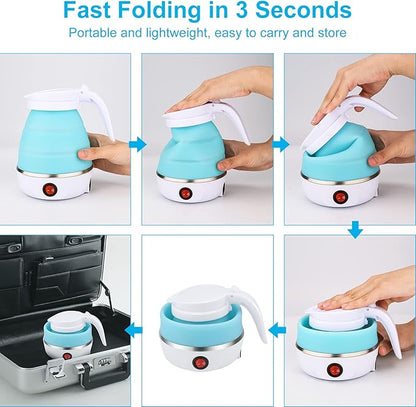 Portable Electric Kettle Travel Size, 600ML Small Foldable Tea Coffee Kettle with Collapsible Bowl and Cups, 5 Min Fast Water Boiling, BPA Free Food Grade Silicone, 110V 400W