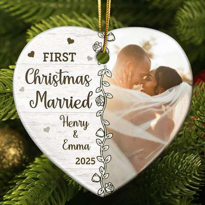 Personalized Heart Ceramic Ornament - Holiday Keepsake for Couples, Newlyweds, Home Tree Decoration for Winter - Custom Photo First Christmas Married