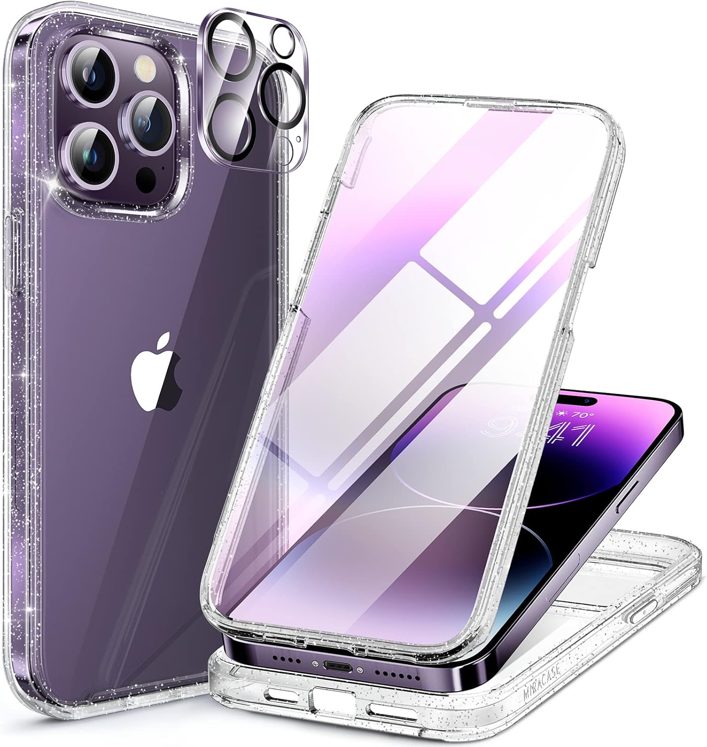 Miracase Glass Series Designed for iPhone 14 Pro Case 6.1 Inch, Upgrade Full-Body Bumper Case with Built-in 9H Tempered Glass Screen Protector, with Camera Lens Protector, Glitter Clear