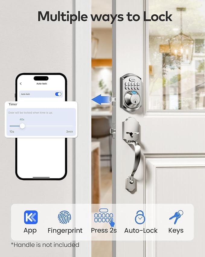 TEEHO TE012W WiFi Smart Lock, Fingerprint Door Lock with Built-in Wi-Fi, Keyless Entry Keypad Smart Deadbolt, App Remote Control, Alexa Compatible, IP55 Waterproof for Front Door – Satin Nickel