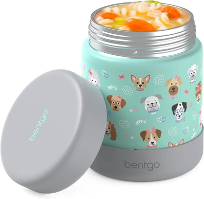 Bentgo Kids Stainless Steel Food Jar - 11oz Leak-Proof Double Insulated Hot or Cold Food Container with Removable Silicone Bumper, Dishwasher Safe, Easy Open Lid, Ages 3+ (Puppy Love)