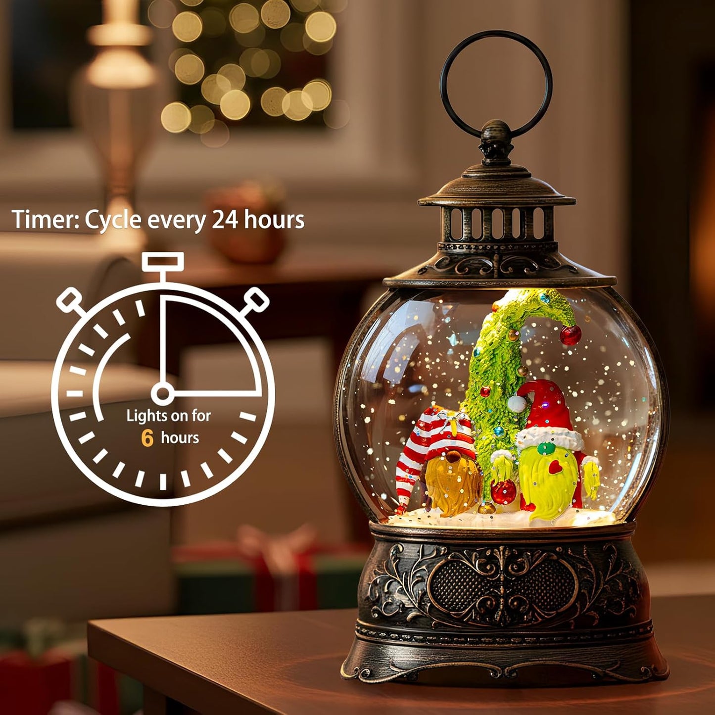 Christmas Snow Globes Christmas Water Lantern with Gnome Wearing Christmas Hats, Music & 6H Timer, USB Lined/Battery Operated Lighted Lanterns for Xmas Festival Decoration Gifts
