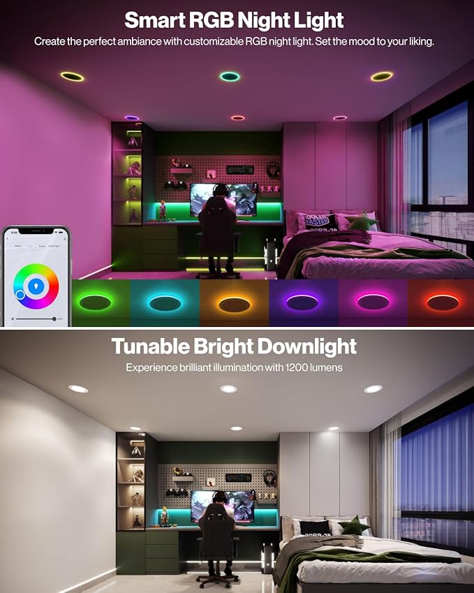 Sunco 4 Pack 6 Inch Smart Ultra Thin LED Recessed Ceiling Lights with Night Light, Tunable CCT 2700K to 6000K, Dimmable, 15W, Smooth Trim, Canless with Junction Box