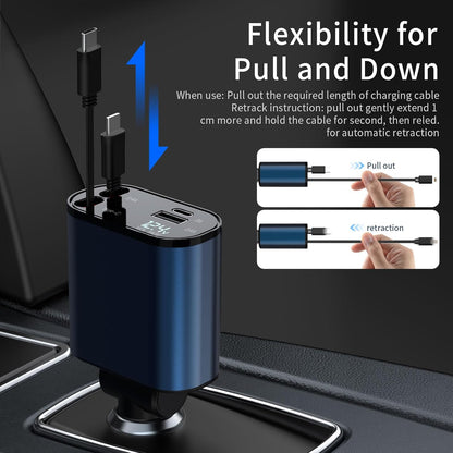 Retractable Car Charger Compatible with Galaxy Pixel, 4 in 1 Fast Charging 60W, Retractable Phone Charger for Car Retractable Cable and 2 USB Ports