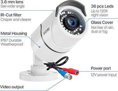 ZOSI 4 Pack 2MP 1080p HD-TVI Home Security Camera Outdoor Indoor 1920TVL, 36PCS LEDs, Night Vision, Weatherproof Surveillance CCTV Bullet Camera