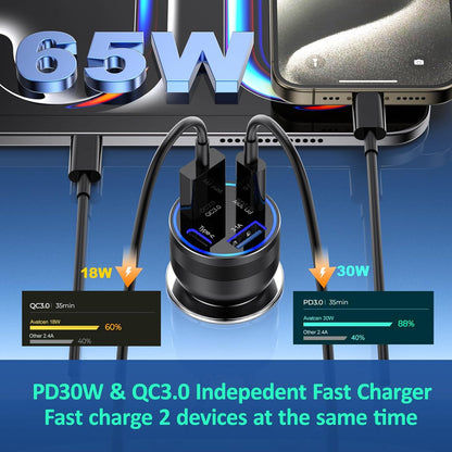 Car Charger USB C Fast Charging, 65W 4-Port Fast Car Phone Charger Accessories Dual USB-C & USB-A Cargador Carro Cigarette Lighter Adapter for iPhone 16 15 14 13 Pro Max,iPad,Samsung,Tablet,Android