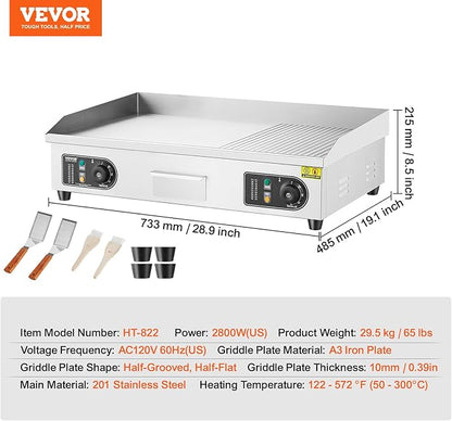 VEVOR Upgraded Commercial Electric Griddle, 2800W Countertop Half-Flat Top Grill, 122℉-572℉ Adjustable Temp, 29'' Stainless Steel Griddle Grill for Home or Restaurant(No Plug)