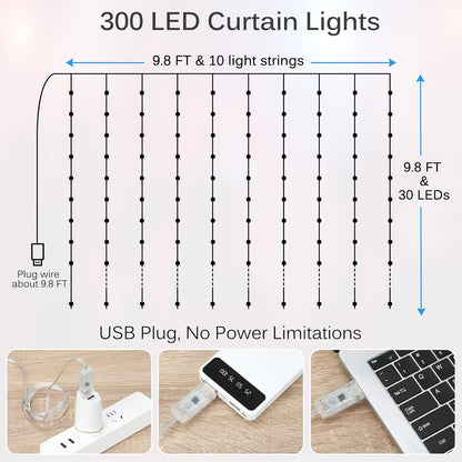 LED Curtain Lights, 9.8ft x 9.8ft 300 LED Color Changing String Fairy Lights Curtain Smart APP Control, Music & Voice Sync for Bedroom Wall Backdrop Indoor Outdoor Christmas Decorations