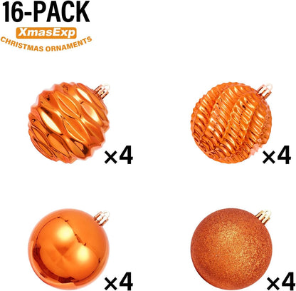 XmasExp 16ct Christmas Ball Ornaments Set Yellow Shatterproof Xmas Tree Hanging Decorations for Fall Thanksgiving Holiday Decor (Orange, 3.15“)