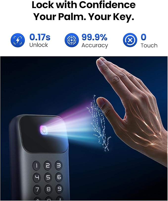 Lockin Veno Go Smart Deadbolt Lock with Dual Swappable Batteries for 14-Month Extended Power, Palm Vein Recognition, ANSI Grade 3, WiFi, Matter, 5 Unlock Methods, IP53 Waterproof
